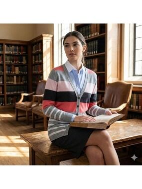 MARC CAIN Linen Button Front Cardigan Stripe Long Sleeve Vee Neck US Sz S
